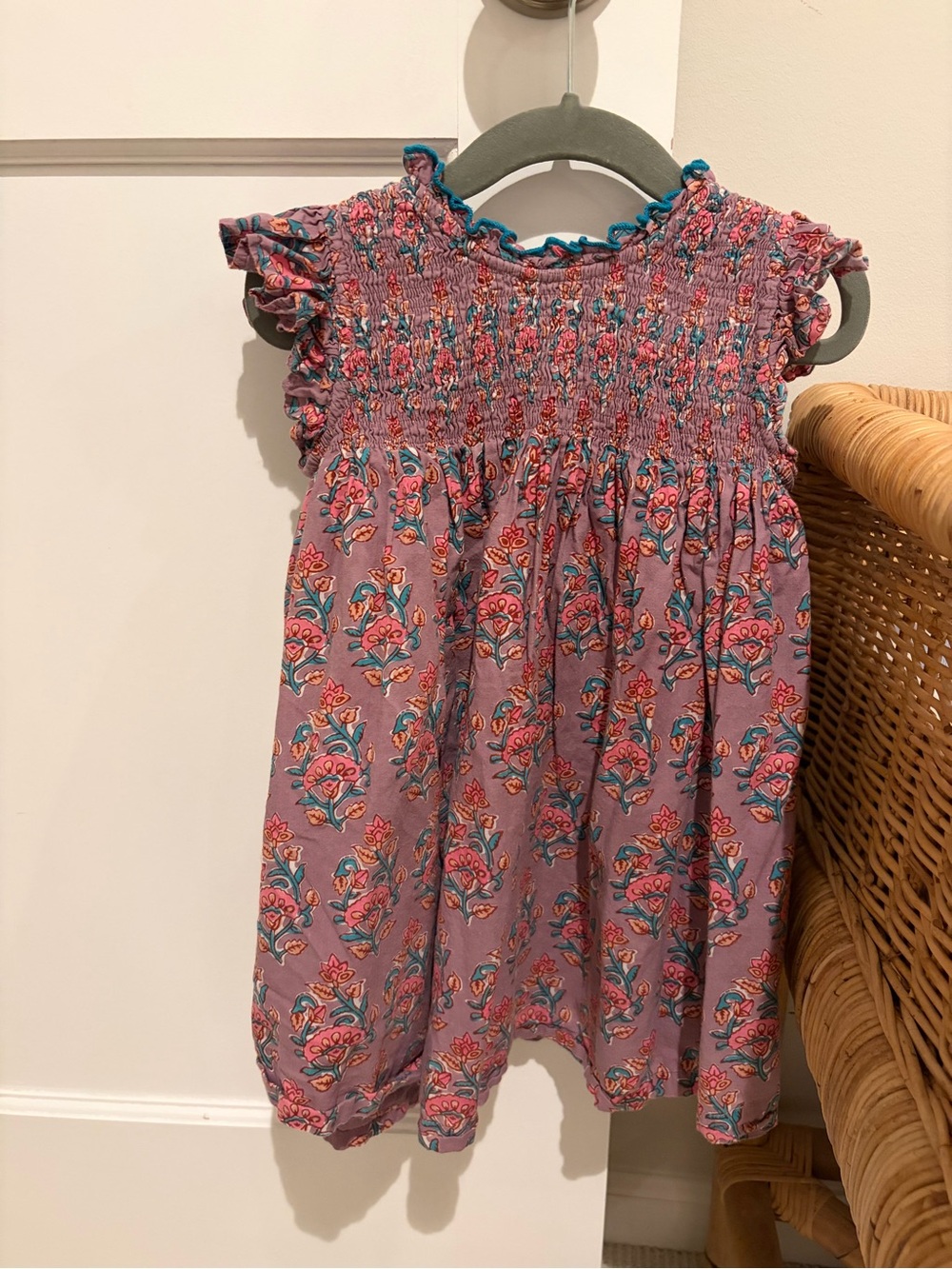 Pink Chicken Lavender Posey Block Print Floral Smocked Dress